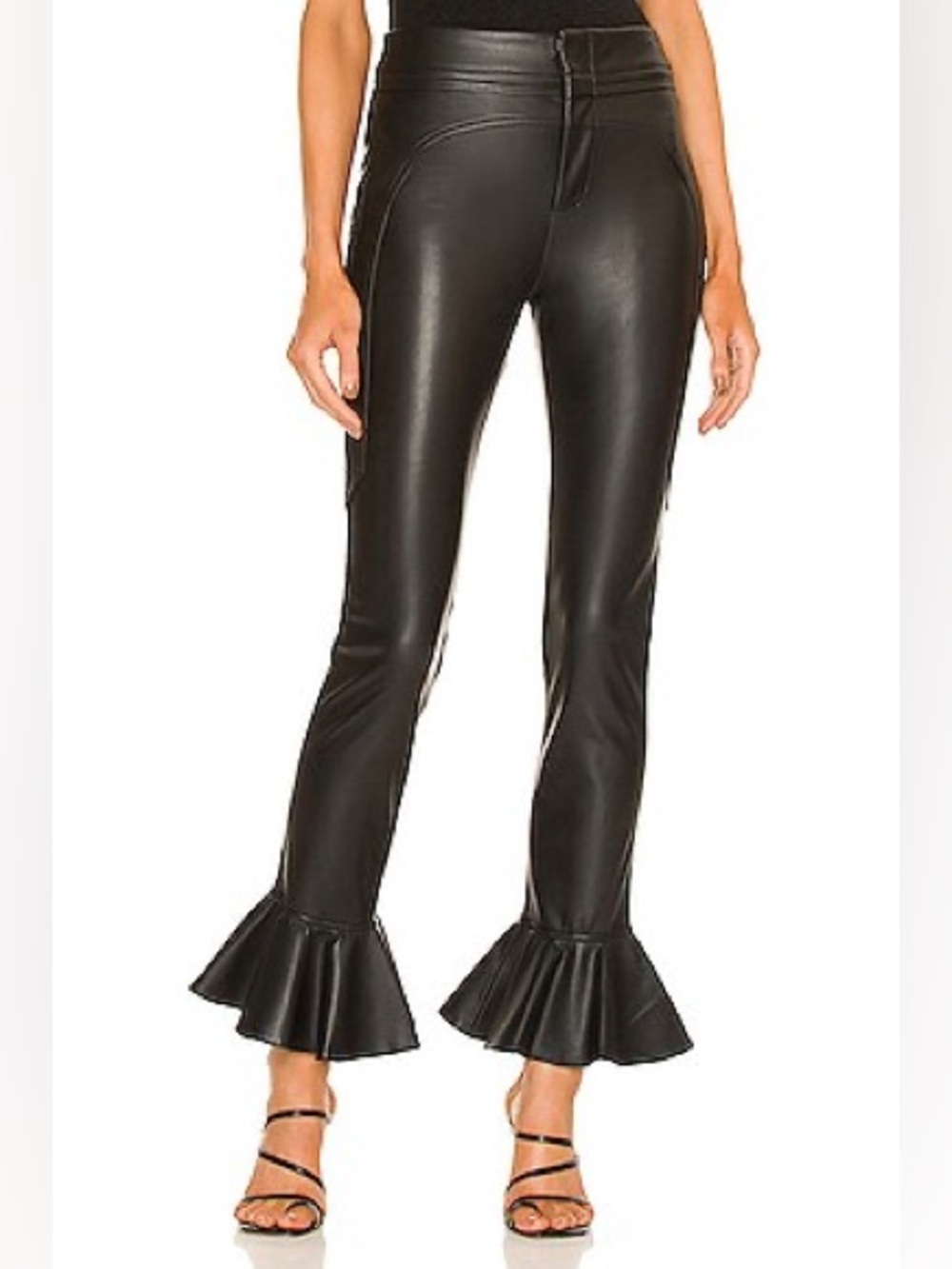 ALEXIS Moretti Faux-Leather Flounce-Cuff Pants in Ink Black Women’s Small